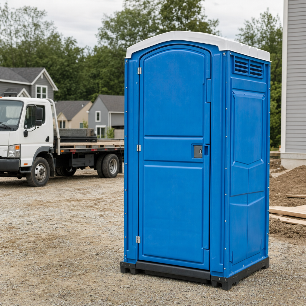 Delivery driver positioning a clean royal-blue portable toilet on level ground at a Colorado Springs worksite