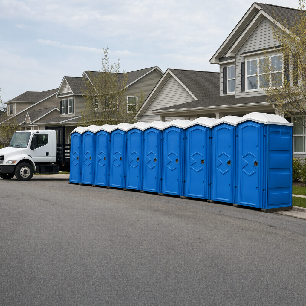 Royal blue portable toilets staged in a tidy row at a Colorado Springs jobsite, ready for delivery